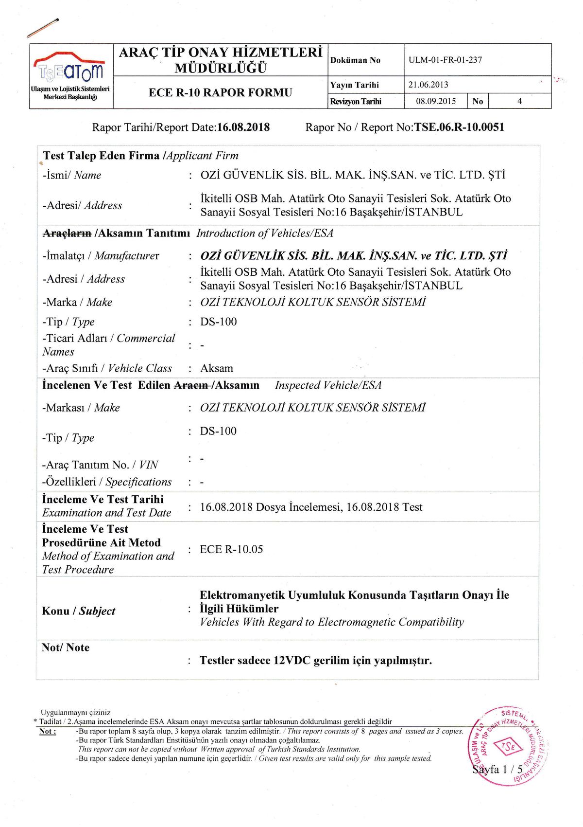 DS-100 ECR 10 Belgesi